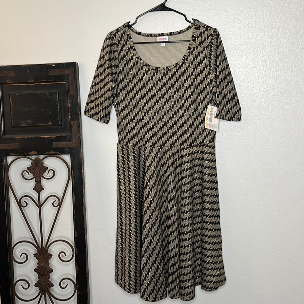 Lularoe “Nicole” XL Metallic Gold & Black Houndstooth Dress Unicorn Print!